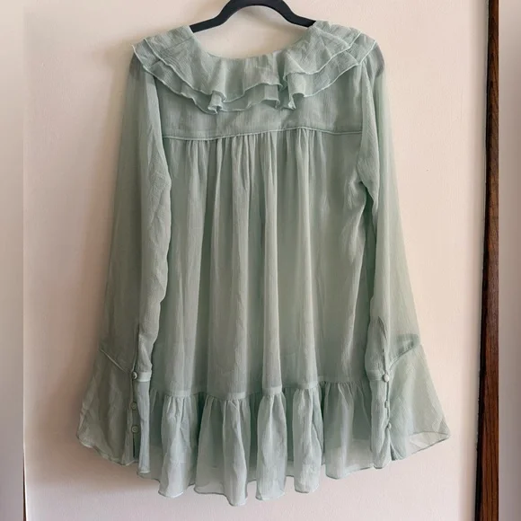 Free People Callie Sheer Flowy Light Green Ruffled Tunic Blouse Boho Drapey Chic - Picture 4 of 10